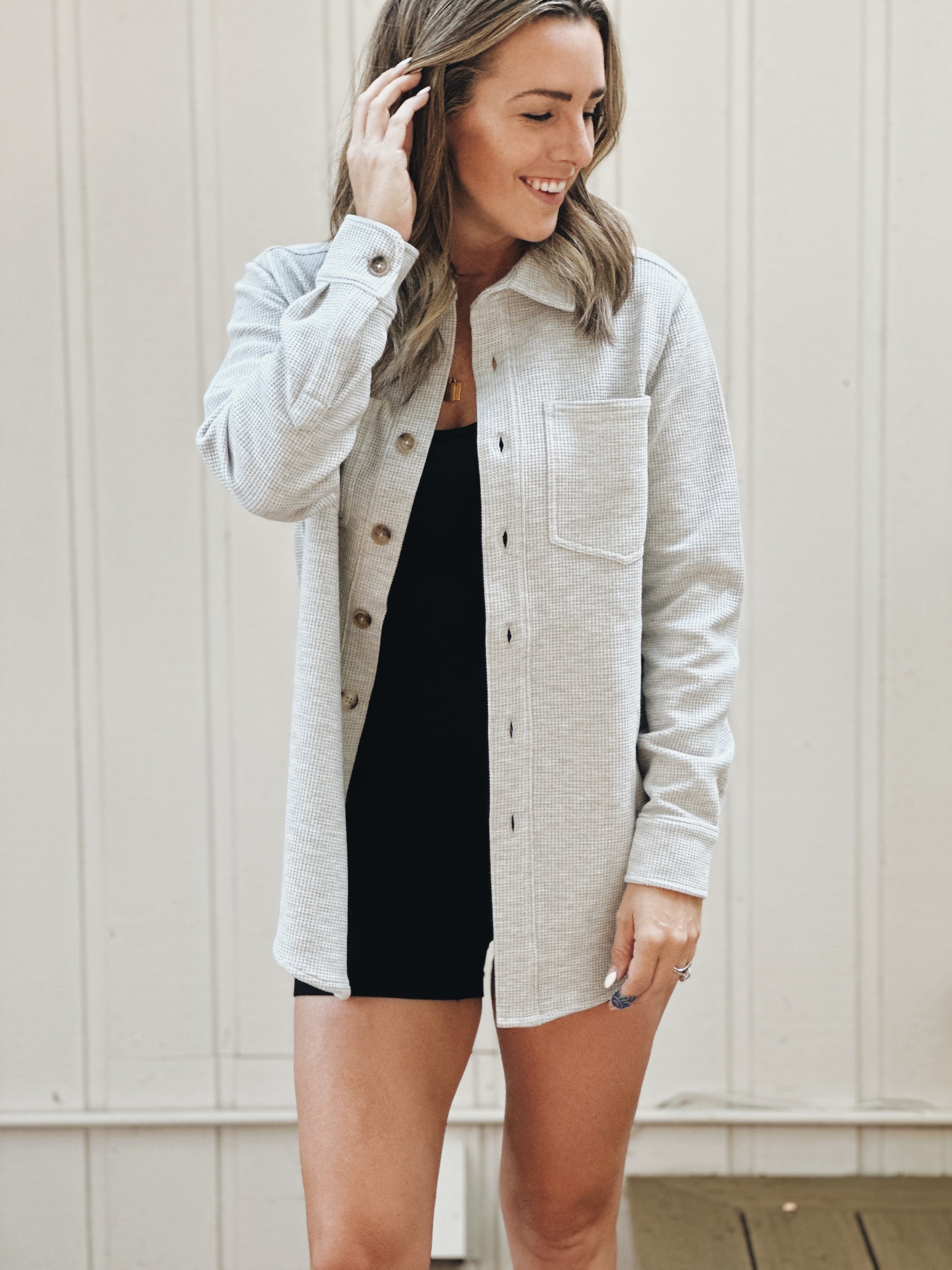 Adult Waffle Shacket | Heather Gray